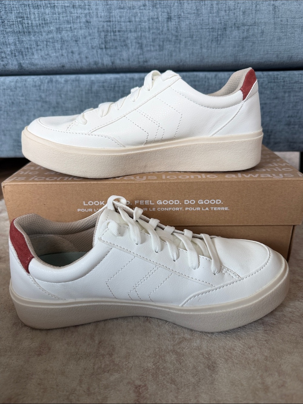 Dr. Scholl's Madison White Sneakers with Beige Chevron and Red Heel Tab - Picture 2 of 7